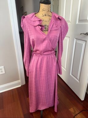 Current Air Pink Wrap Maxi Dress with Ruffle Collar. High low dress.